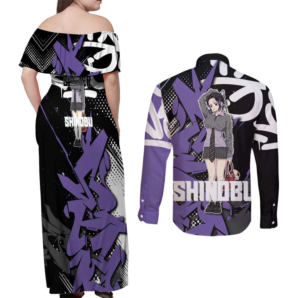 Kocho Shinobu Demon Slayer Couples Matching Off Shoulder Maxi Dress and Long Sleeve Button Shirt Purple & Black Graffiti Anime