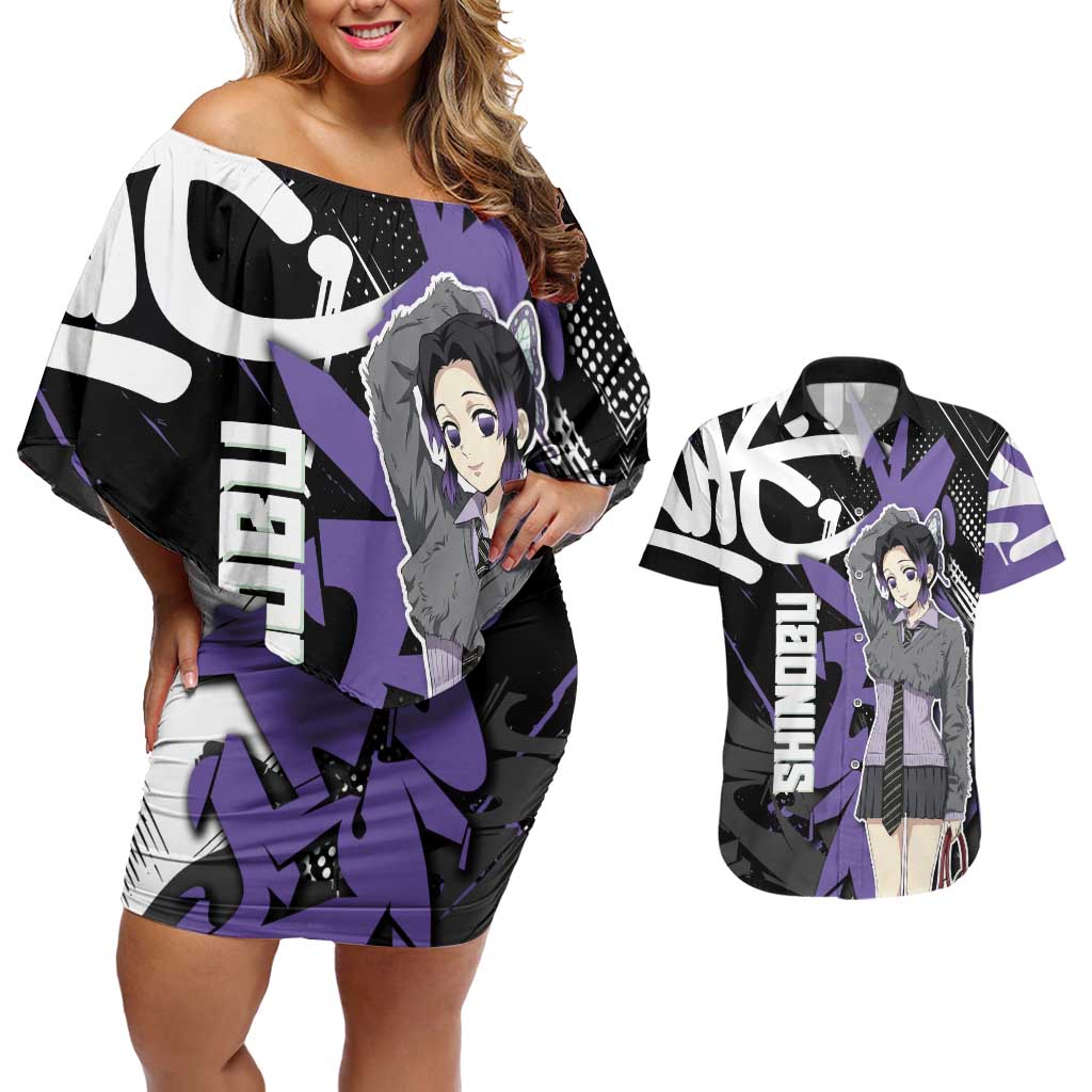 Kocho Shinobu Demon Slayer Couples Matching Off Shoulder Short Dress and Hawaiian Shirt Purple & Black Graffiti Anime