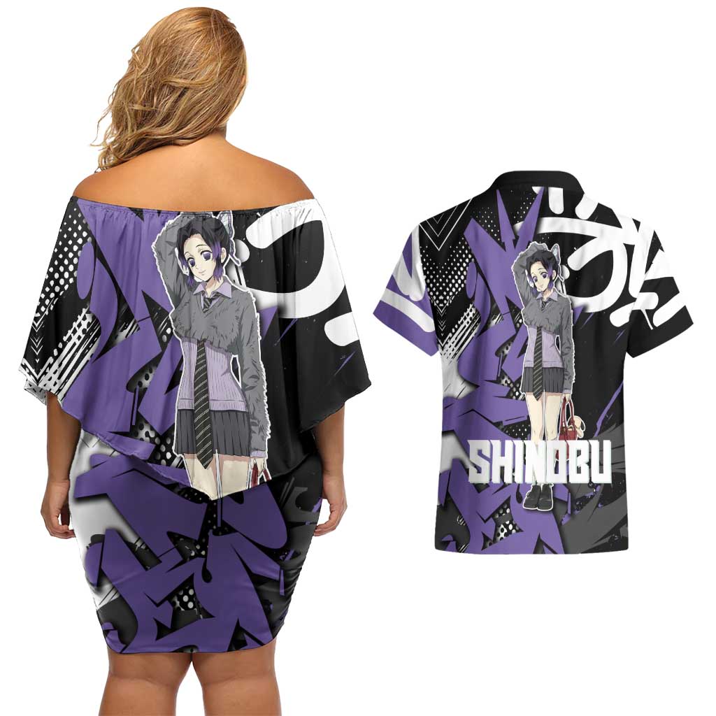 Kocho Shinobu Demon Slayer Couples Matching Off Shoulder Short Dress and Hawaiian Shirt Purple & Black Graffiti Anime
