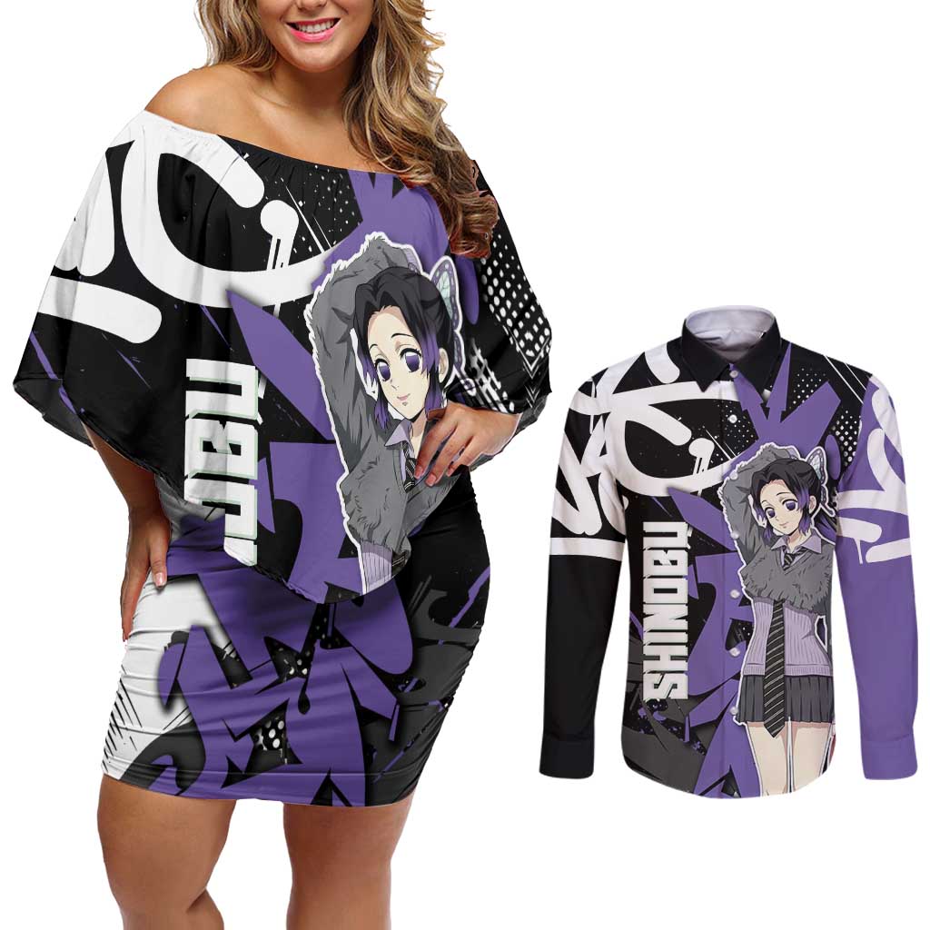 Kocho Shinobu Demon Slayer Couples Matching Off Shoulder Short Dress and Long Sleeve Button Shirt Purple & Black Graffiti Anime
