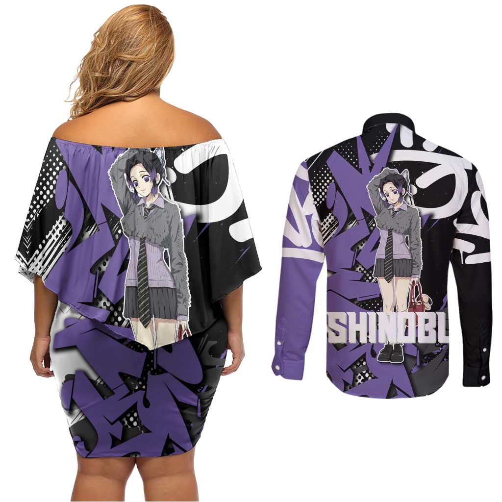 Kocho Shinobu Demon Slayer Couples Matching Off Shoulder Short Dress and Long Sleeve Button Shirt Purple & Black Graffiti Anime