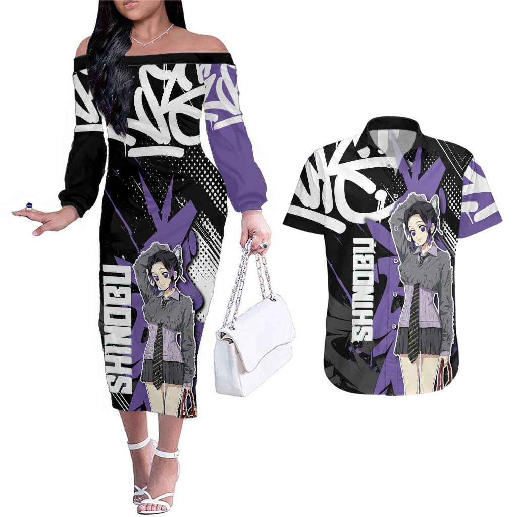 Kocho Shinobu Demon Slayer Couples Matching Off The Shoulder Long Sleeve Dress and Hawaiian Shirt Purple & Black Graffiti Anime