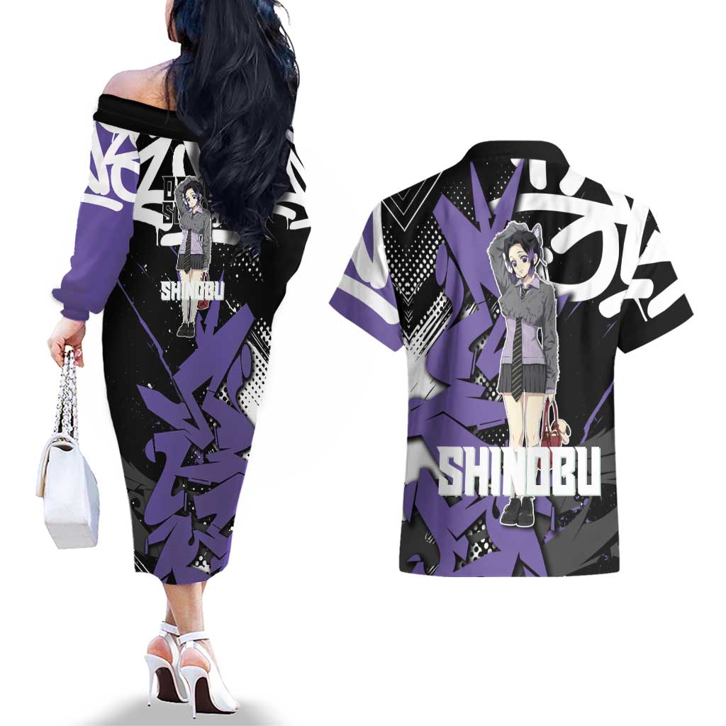 Kocho Shinobu Demon Slayer Couples Matching Off The Shoulder Long Sleeve Dress and Hawaiian Shirt Purple & Black Graffiti Anime