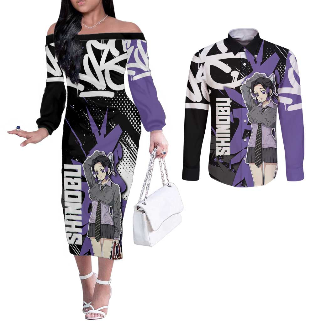 Kocho Shinobu Demon Slayer Couples Matching Off The Shoulder Long Sleeve Dress and Long Sleeve Button Shirt Purple & Black Graffiti Anime