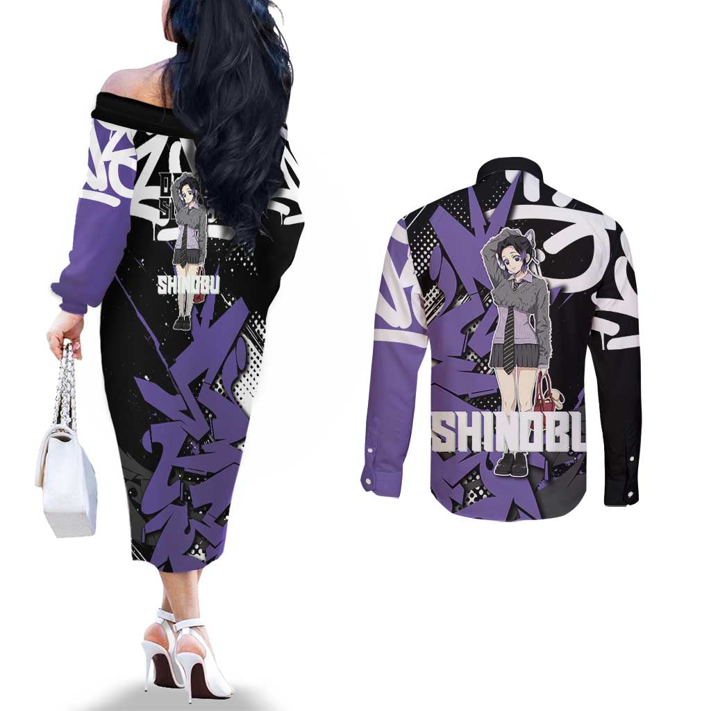 Kocho Shinobu Demon Slayer Couples Matching Off The Shoulder Long Sleeve Dress and Long Sleeve Button Shirt Purple & Black Graffiti Anime