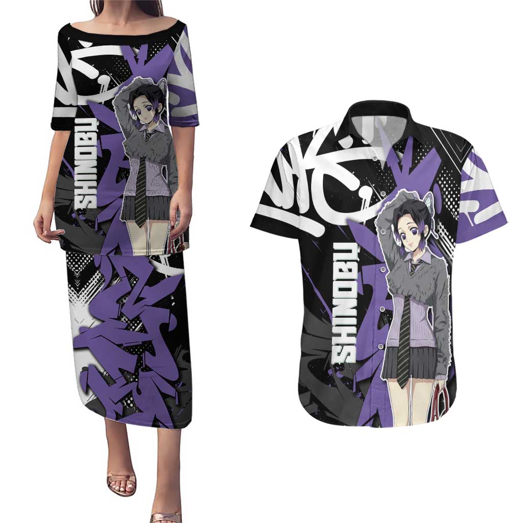 Kocho Shinobu Demon Slayer Couples Matching Puletasi and Hawaiian Shirt Purple & Black Graffiti Anime