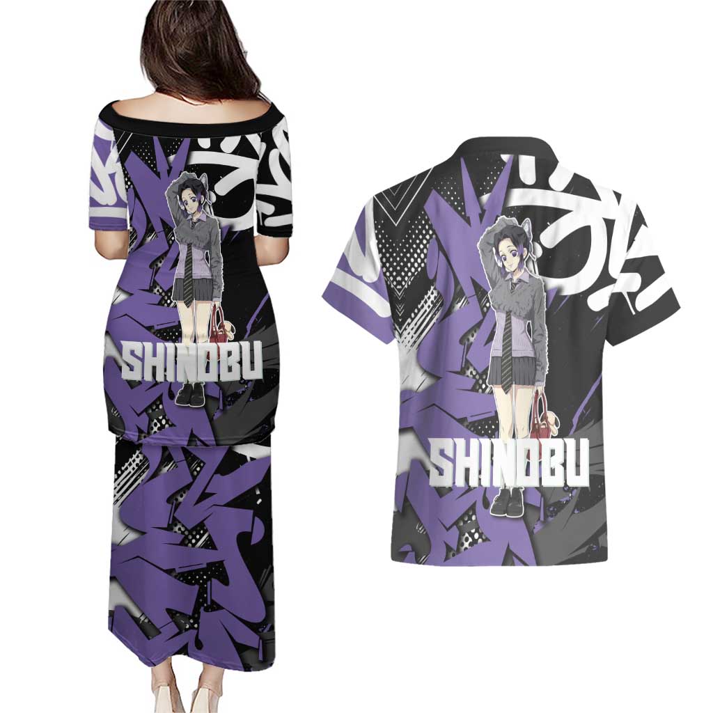 Kocho Shinobu Demon Slayer Couples Matching Puletasi and Hawaiian Shirt Purple & Black Graffiti Anime