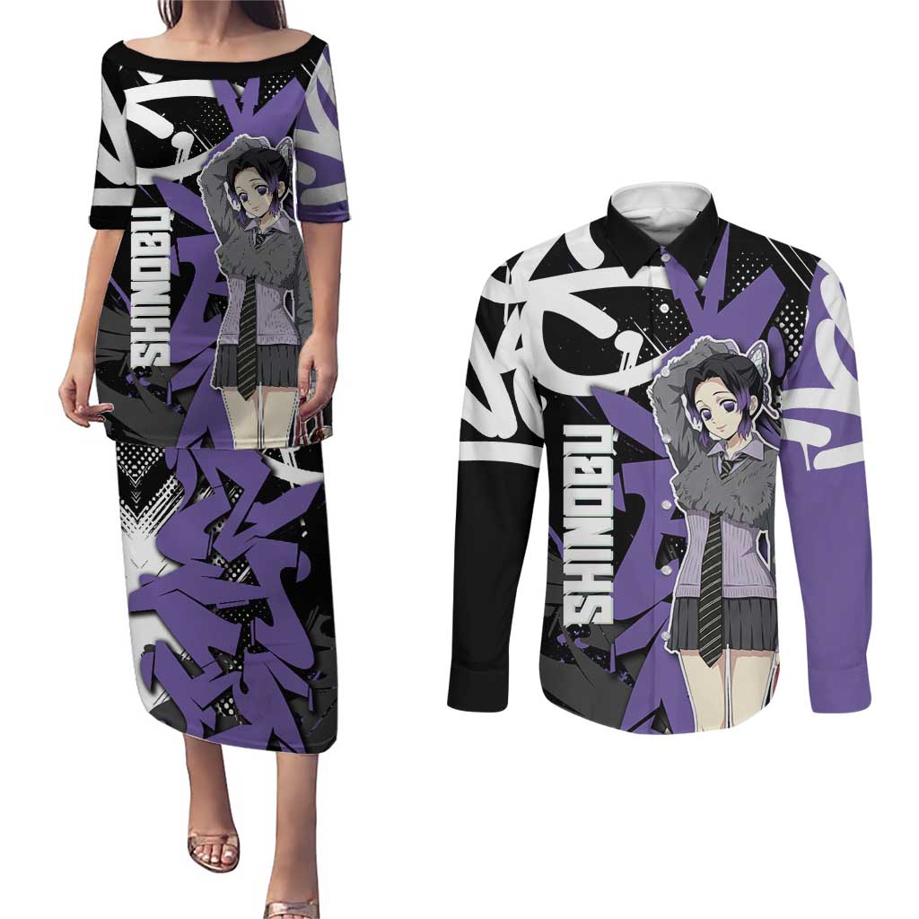 Kocho Shinobu Demon Slayer Couples Matching Puletasi and Long Sleeve Button Shirt Purple & Black Graffiti Anime