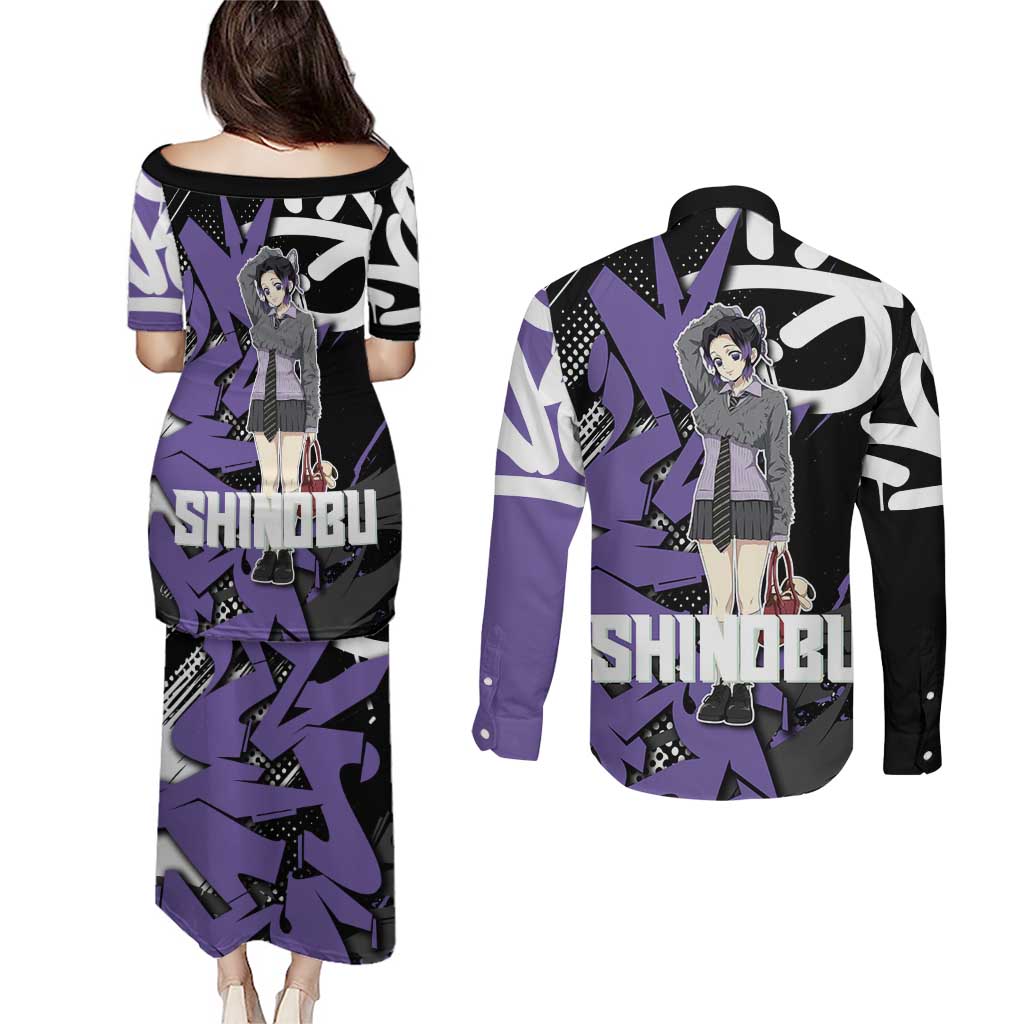Kocho Shinobu Demon Slayer Couples Matching Puletasi and Long Sleeve Button Shirt Purple & Black Graffiti Anime
