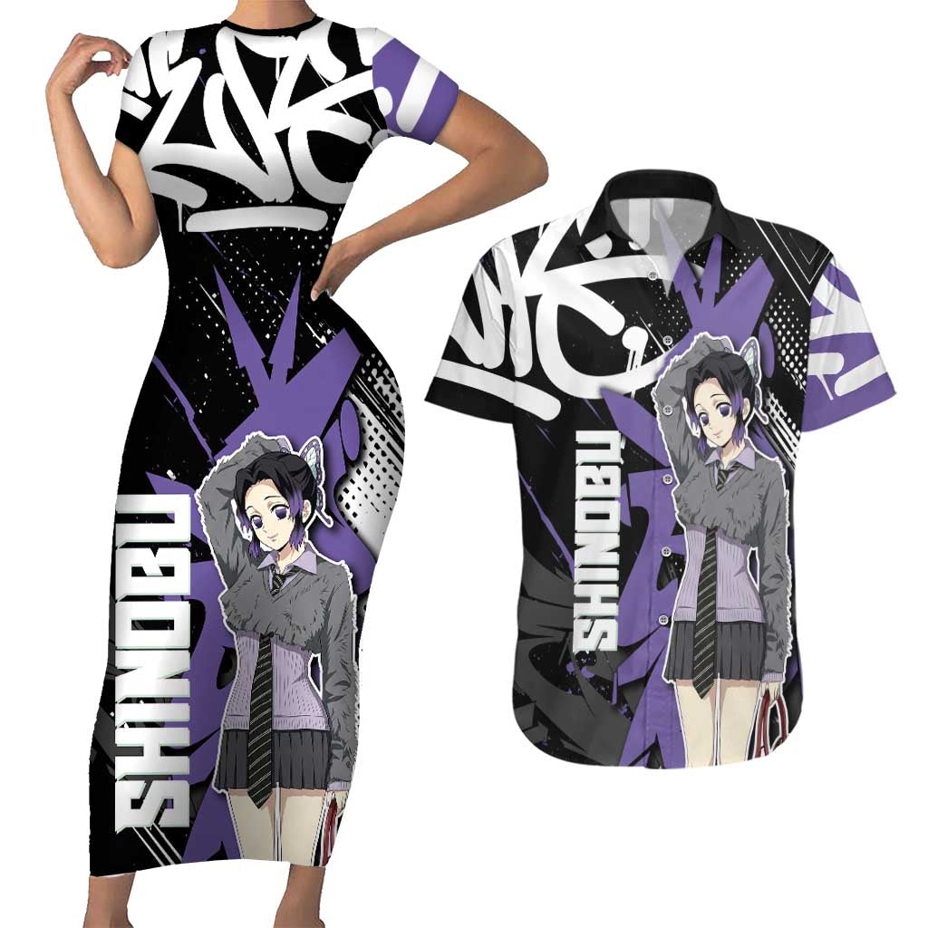 Kocho Shinobu Demon Slayer Couples Matching Short Sleeve Bodycon Dress and Hawaiian Shirt Purple & Black Graffiti Anime