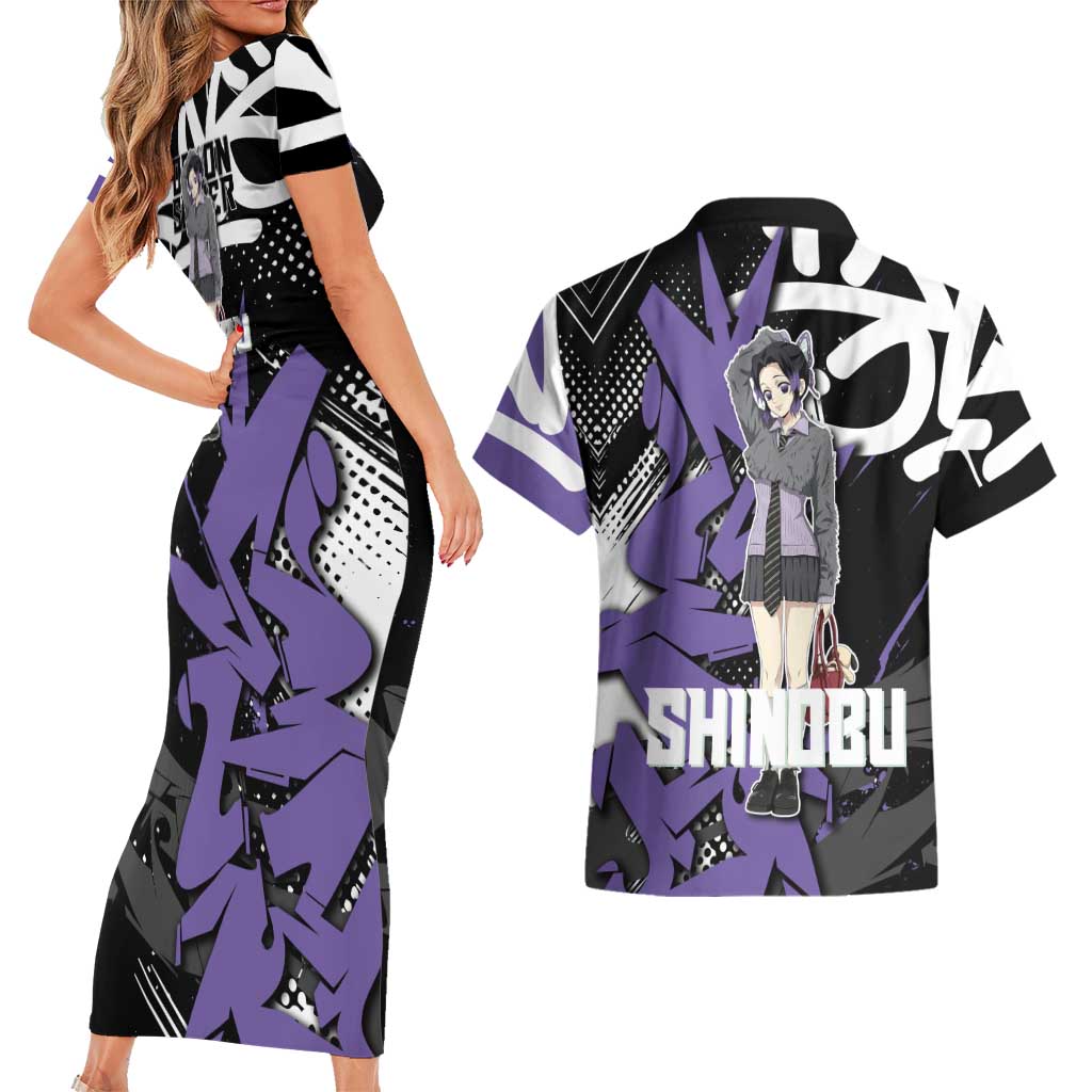 Kocho Shinobu Demon Slayer Couples Matching Short Sleeve Bodycon Dress and Hawaiian Shirt Purple & Black Graffiti Anime