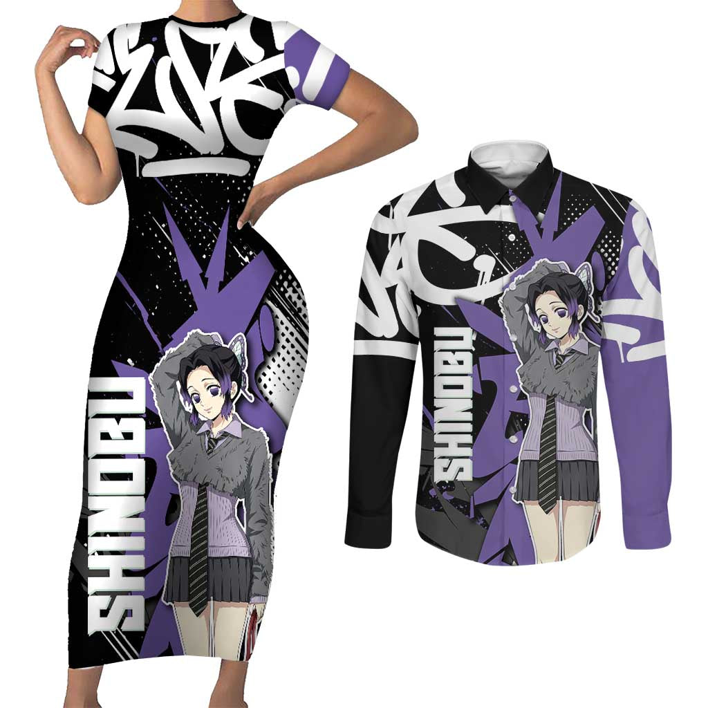Kocho Shinobu Demon Slayer Couples Matching Short Sleeve Bodycon Dress and Long Sleeve Button Shirt Purple & Black Graffiti Anime