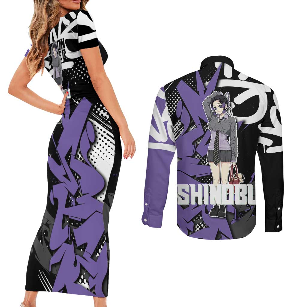 Kocho Shinobu Demon Slayer Couples Matching Short Sleeve Bodycon Dress and Long Sleeve Button Shirt Purple & Black Graffiti Anime