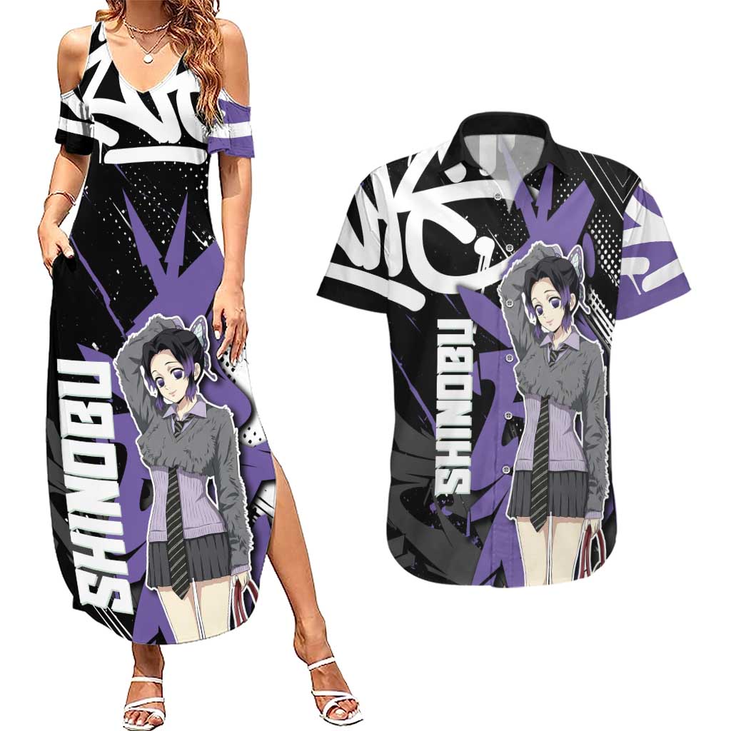 Kocho Shinobu Demon Slayer Couples Matching Summer Maxi Dress and Hawaiian Shirt Purple & Black Graffiti Anime