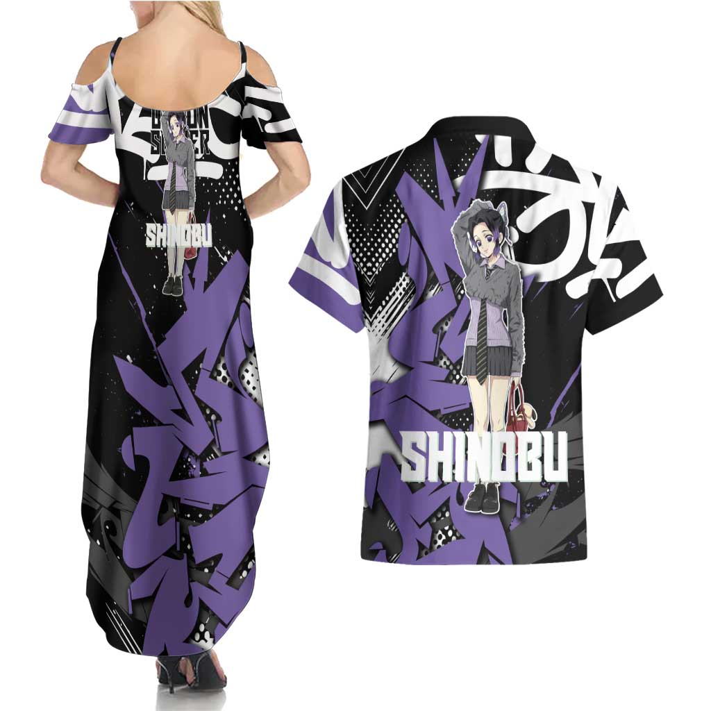 Kocho Shinobu Demon Slayer Couples Matching Summer Maxi Dress and Hawaiian Shirt Purple & Black Graffiti Anime