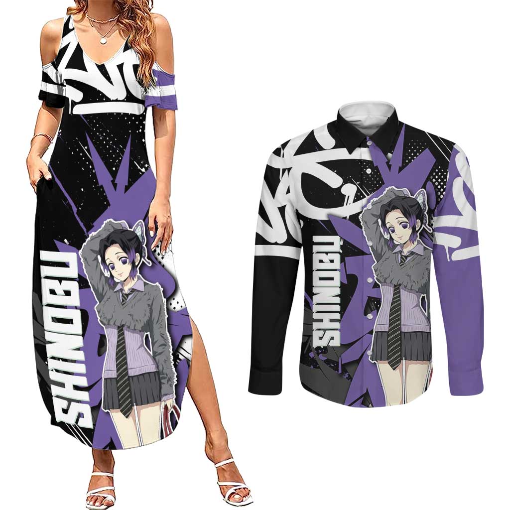 Kocho Shinobu Demon Slayer Couples Matching Summer Maxi Dress and Long Sleeve Button Shirt Purple & Black Graffiti Anime