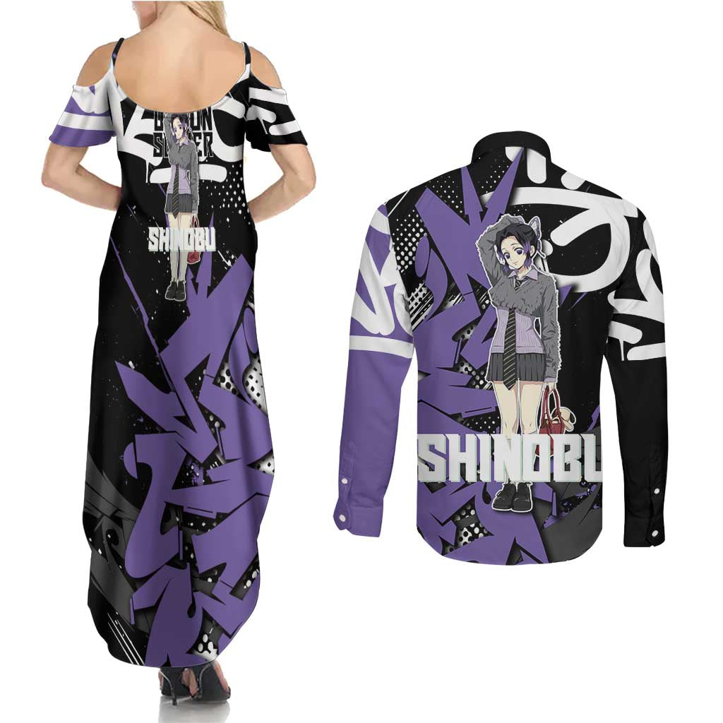 Kocho Shinobu Demon Slayer Couples Matching Summer Maxi Dress and Long Sleeve Button Shirt Purple & Black Graffiti Anime
