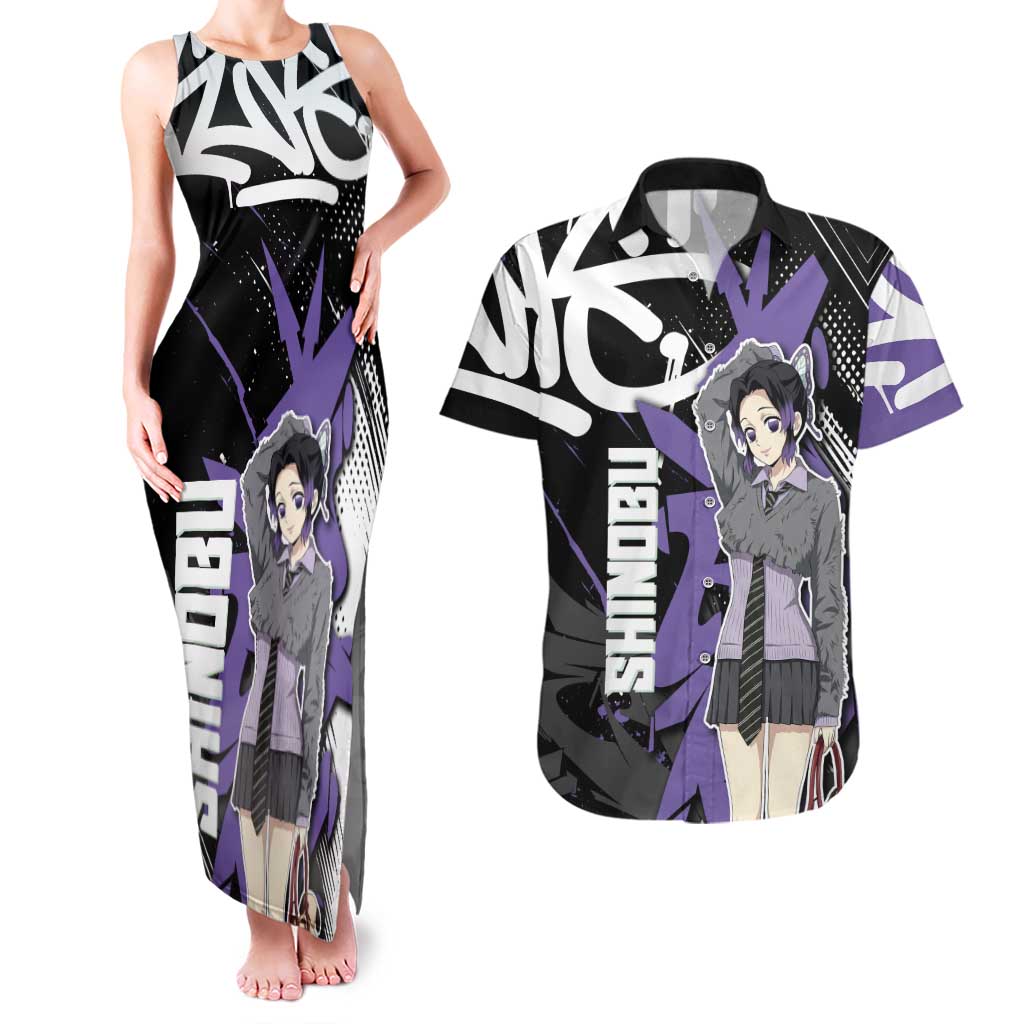 Kocho Shinobu Demon Slayer Couples Matching Tank Maxi Dress and Hawaiian Shirt Purple & Black Graffiti Anime