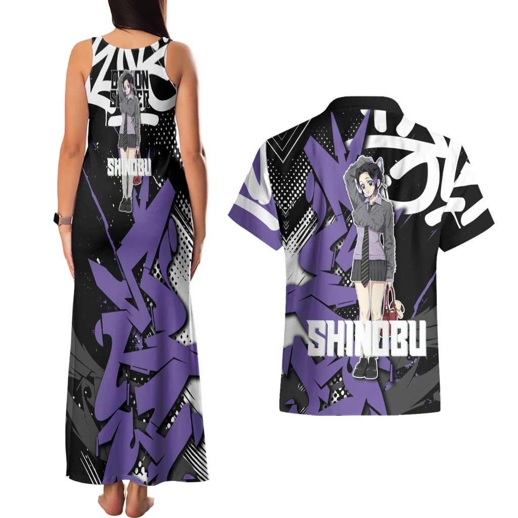 Kocho Shinobu Demon Slayer Couples Matching Tank Maxi Dress and Hawaiian Shirt Purple & Black Graffiti Anime