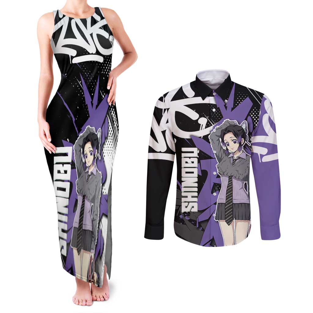Kocho Shinobu Demon Slayer Couples Matching Tank Maxi Dress and Long Sleeve Button Shirt Purple & Black Graffiti Anime