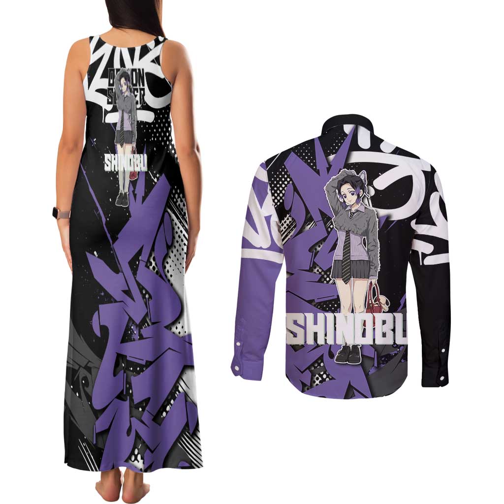 Kocho Shinobu Demon Slayer Couples Matching Tank Maxi Dress and Long Sleeve Button Shirt Purple & Black Graffiti Anime