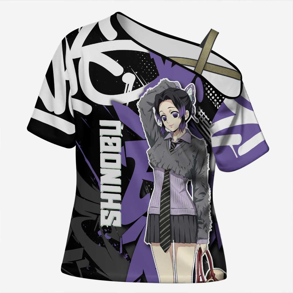 Kocho Shinobu Demon Slayer Cross Shoulder Shirt Purple & Black Graffiti Anime