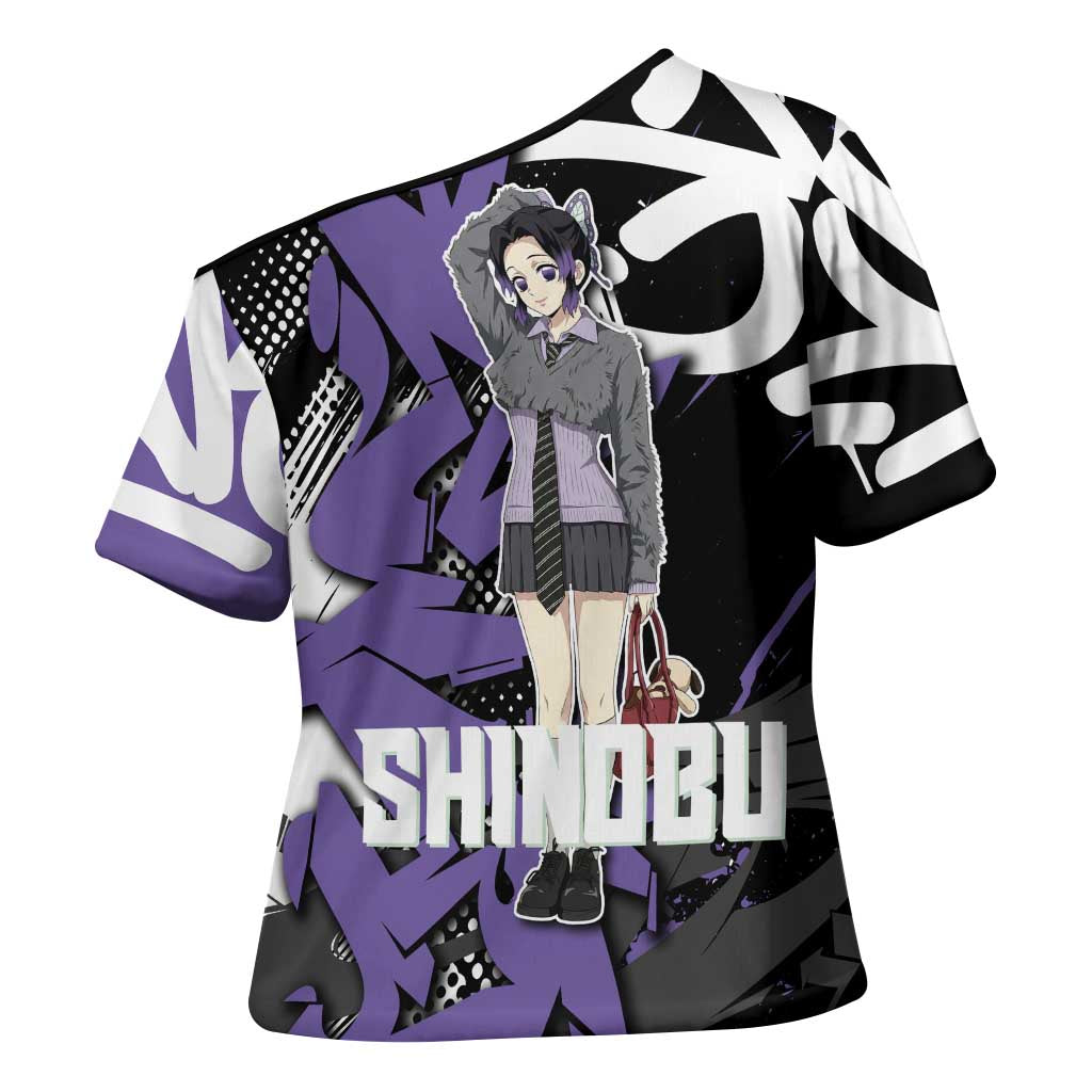 Kocho Shinobu Demon Slayer Cross Shoulder Shirt Purple & Black Graffiti Anime