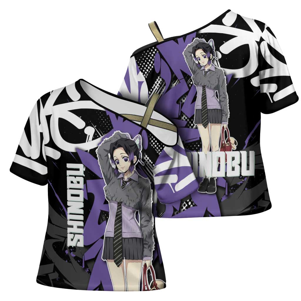Kocho Shinobu Demon Slayer Cross Shoulder Shirt Purple & Black Graffiti Anime