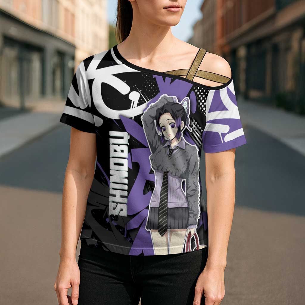 Kocho Shinobu Demon Slayer Cross Shoulder Shirt Purple & Black Graffiti Anime