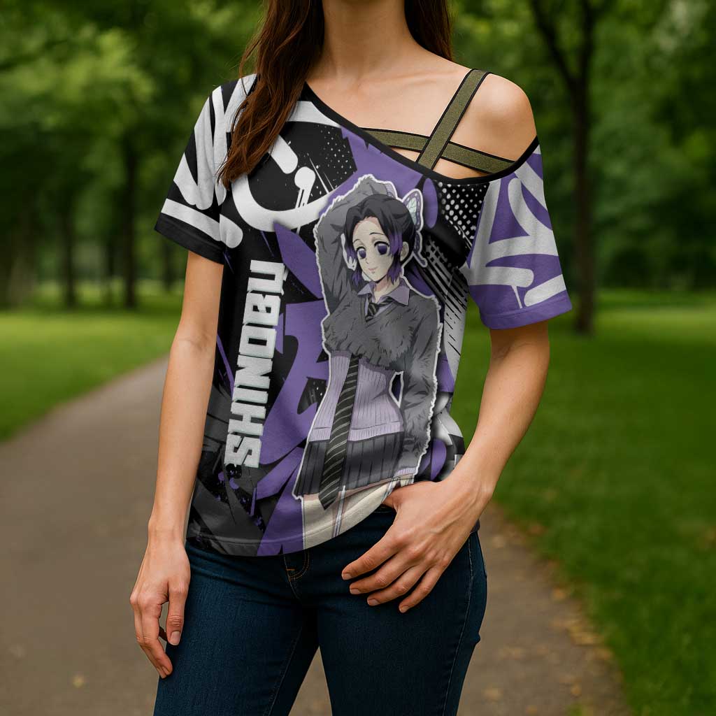 Kocho Shinobu Demon Slayer Cross Shoulder Shirt Purple & Black Graffiti Anime