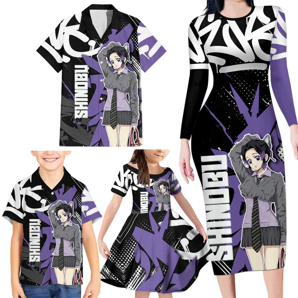 Kocho Shinobu Demon Slayer Family Matching Long Sleeve Bodycon Dress and Hawaiian Shirt Purple & Black Graffiti Anime