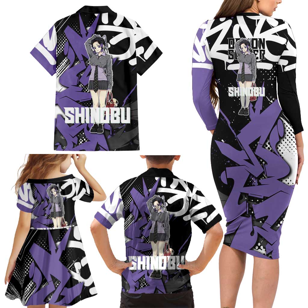 Kocho Shinobu Demon Slayer Family Matching Long Sleeve Bodycon Dress and Hawaiian Shirt Purple & Black Graffiti Anime