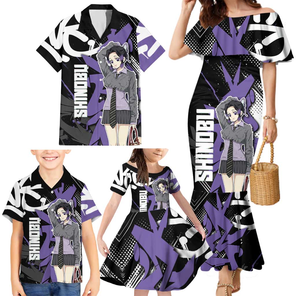 Kocho Shinobu Demon Slayer Family Matching Mermaid Dress and Hawaiian Shirt Purple & Black Graffiti Anime
