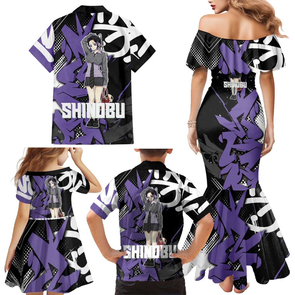 Kocho Shinobu Demon Slayer Family Matching Mermaid Dress and Hawaiian Shirt Purple & Black Graffiti Anime