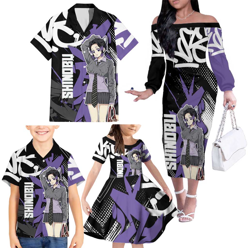 Kocho Shinobu Demon Slayer Family Matching Off The Shoulder Long Sleeve Dress and Hawaiian Shirt Purple & Black Graffiti Anime
