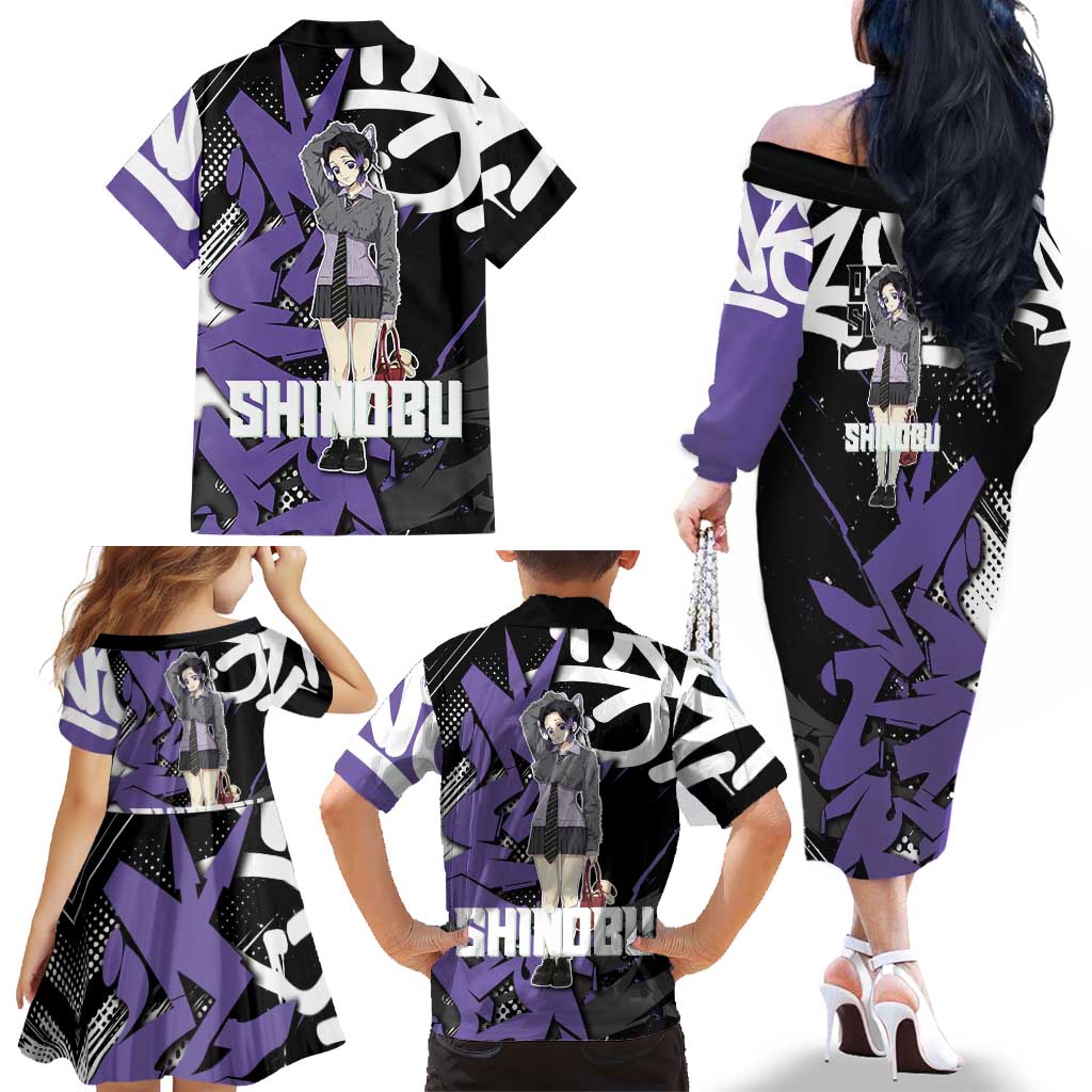 Kocho Shinobu Demon Slayer Family Matching Off The Shoulder Long Sleeve Dress and Hawaiian Shirt Purple & Black Graffiti Anime