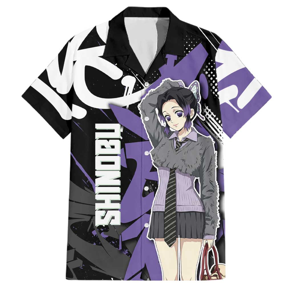 Kocho Shinobu Demon Slayer Family Matching Off The Shoulder Long Sleeve Dress and Hawaiian Shirt Purple & Black Graffiti Anime