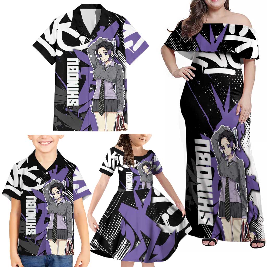 Kocho Shinobu Demon Slayer Family Matching Off Shoulder Maxi Dress and Hawaiian Shirt Purple & Black Graffiti Anime
