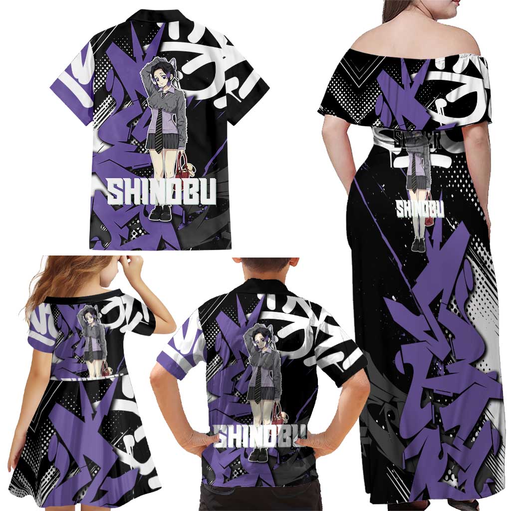 Kocho Shinobu Demon Slayer Family Matching Off Shoulder Maxi Dress and Hawaiian Shirt Purple & Black Graffiti Anime