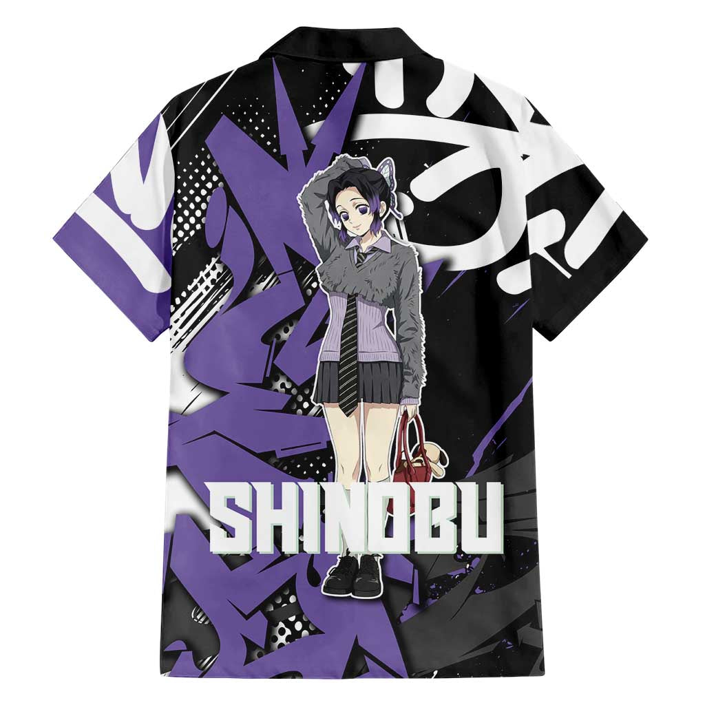 Kocho Shinobu Demon Slayer Family Matching Off Shoulder Maxi Dress and Hawaiian Shirt Purple & Black Graffiti Anime