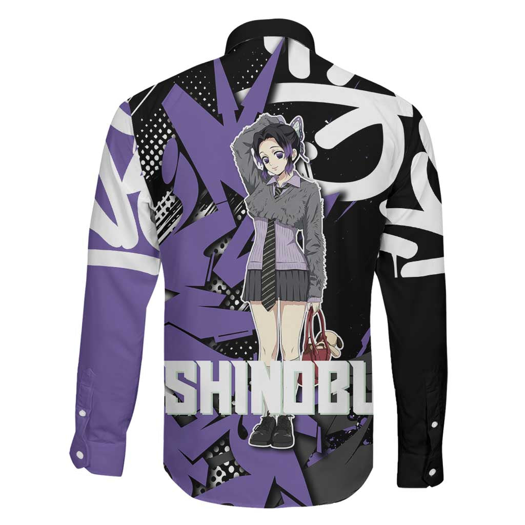 Kocho Shinobu Demon Slayer Family Matching Off Shoulder Maxi Dress and Hawaiian Shirt Purple & Black Graffiti Anime