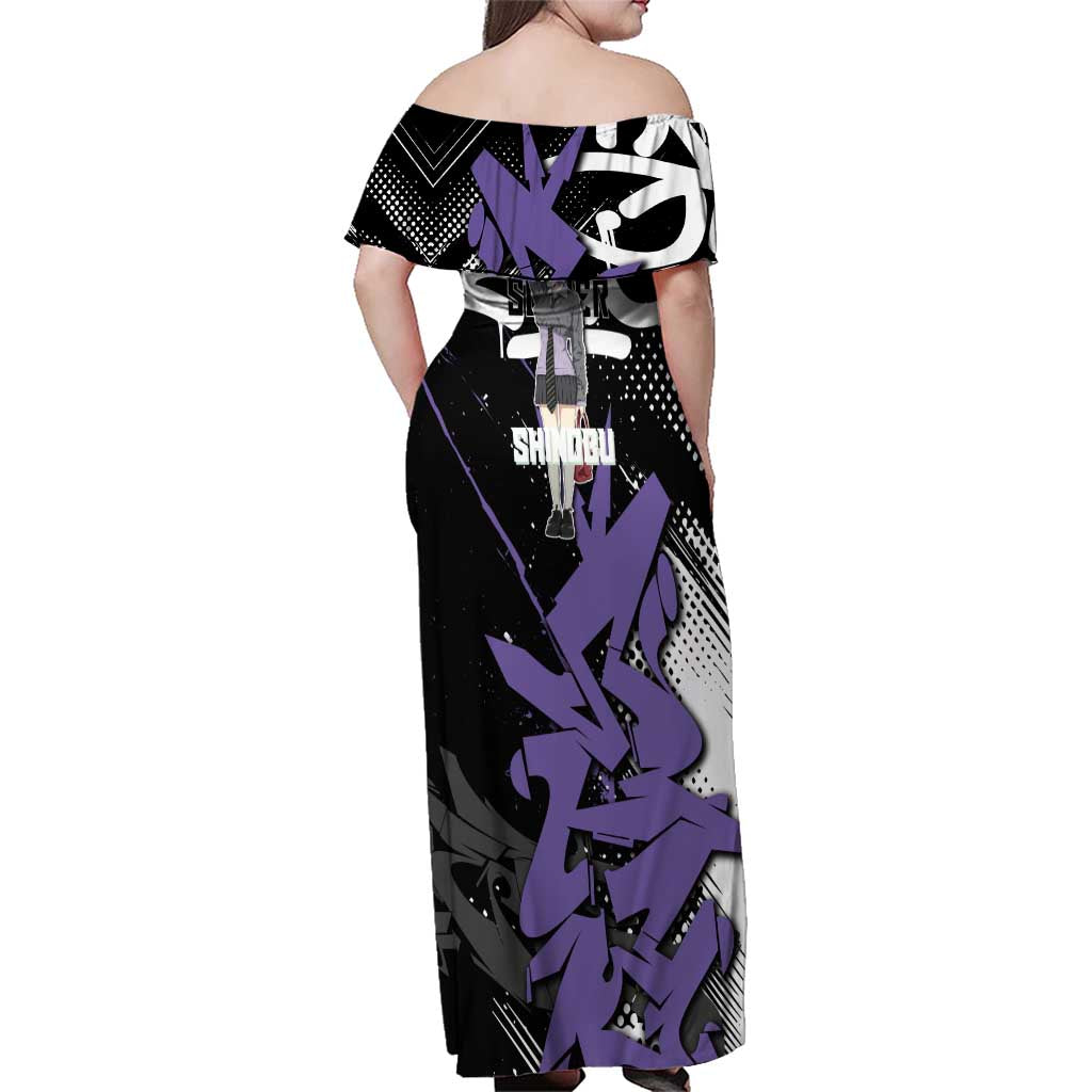Kocho Shinobu Demon Slayer Family Matching Off Shoulder Maxi Dress and Hawaiian Shirt Purple & Black Graffiti Anime