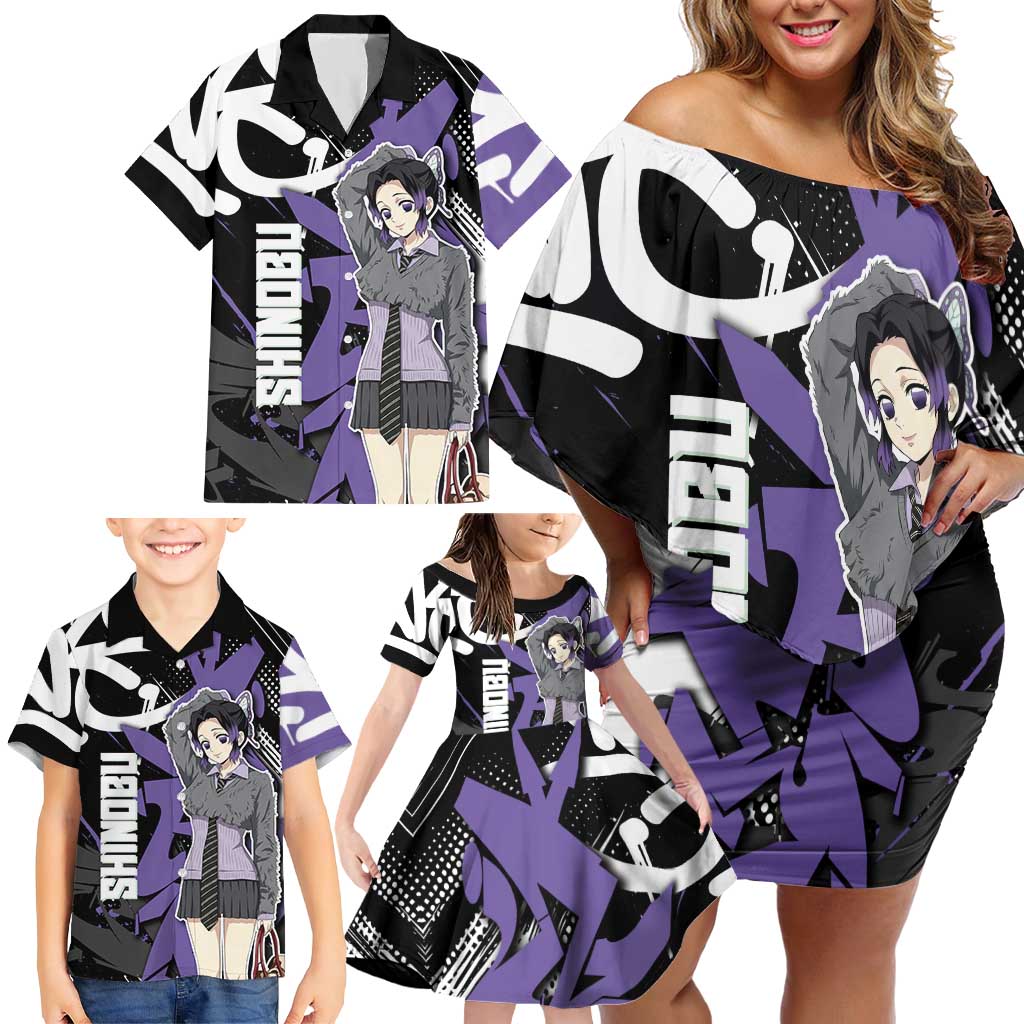 Kocho Shinobu Demon Slayer Family Matching Off Shoulder Short Dress and Hawaiian Shirt Purple & Black Graffiti Anime