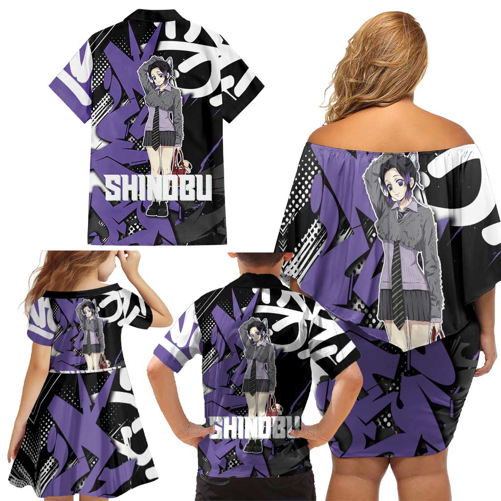 Kocho Shinobu Demon Slayer Family Matching Off Shoulder Short Dress and Hawaiian Shirt Purple & Black Graffiti Anime