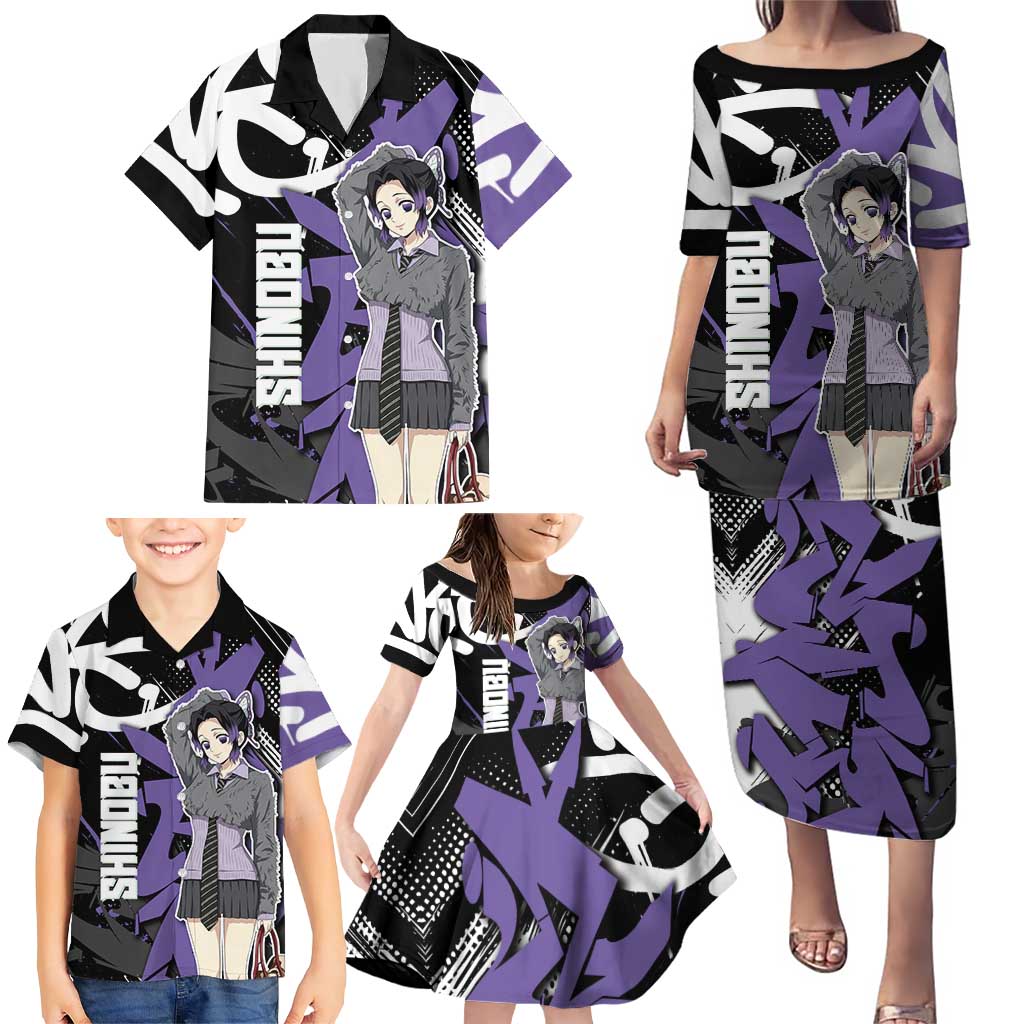 Kocho Shinobu Demon Slayer Family Matching Puletasi and Hawaiian Shirt Purple & Black Graffiti Anime
