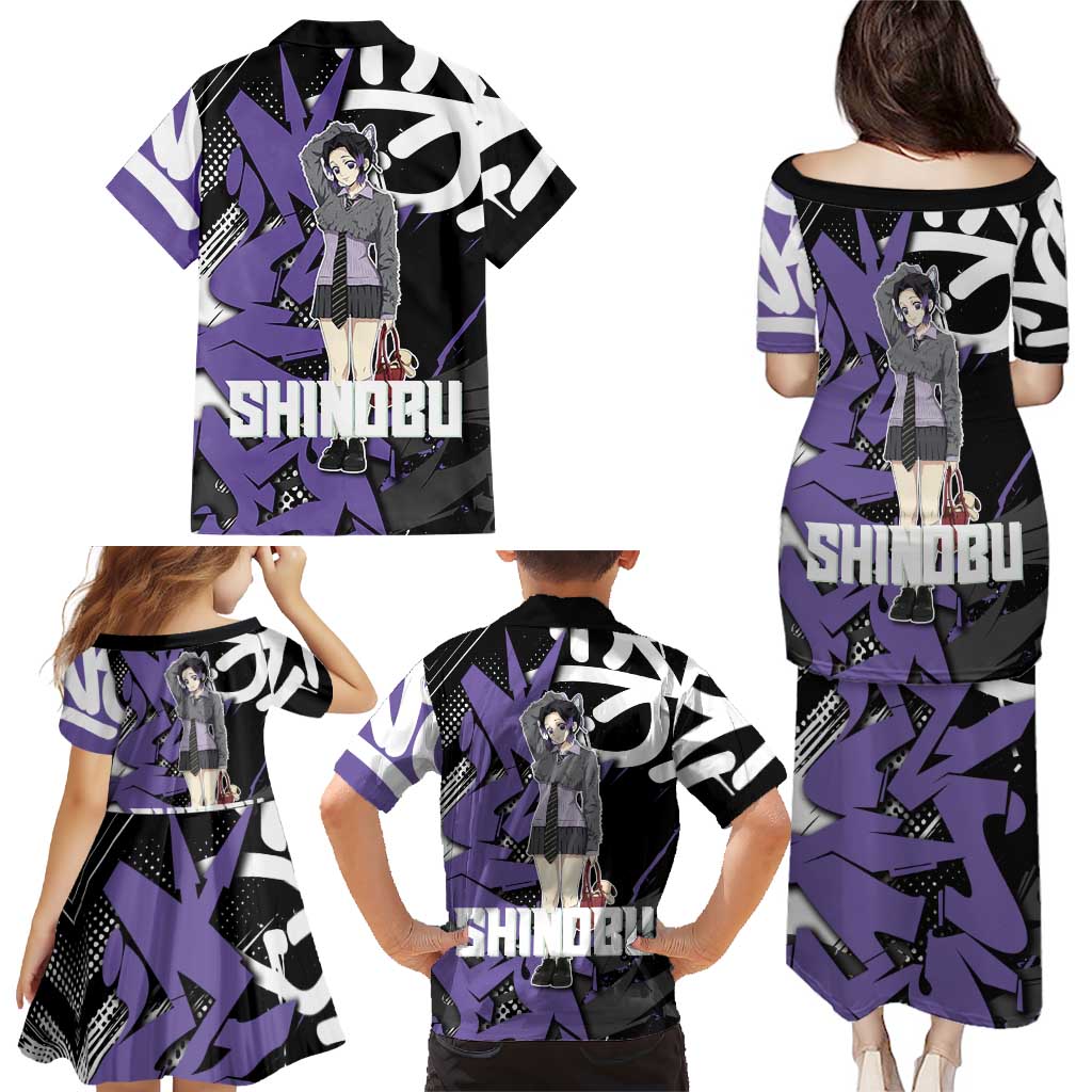 Kocho Shinobu Demon Slayer Family Matching Puletasi and Hawaiian Shirt Purple & Black Graffiti Anime