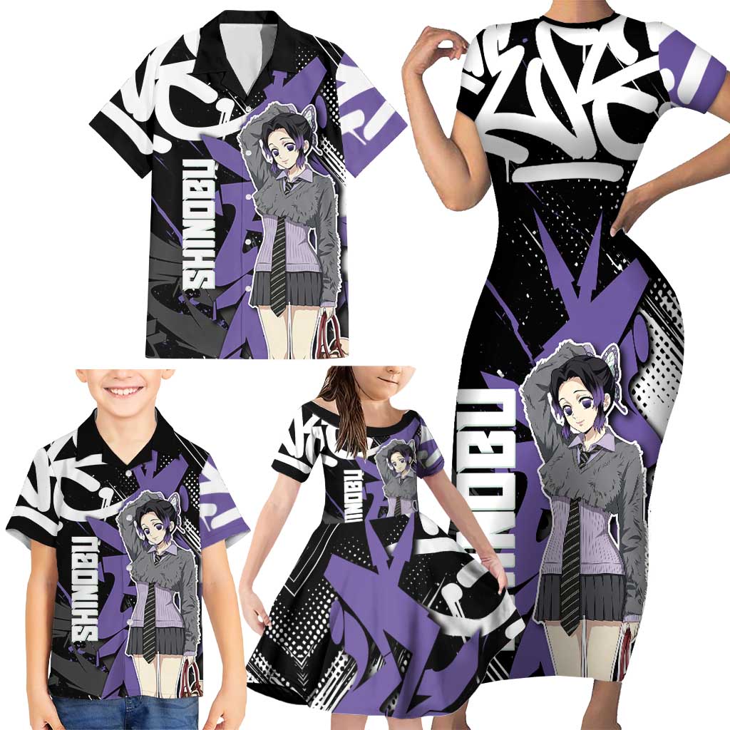 Kocho Shinobu Demon Slayer Family Matching Short Sleeve Bodycon Dress and Hawaiian Shirt Purple & Black Graffiti Anime