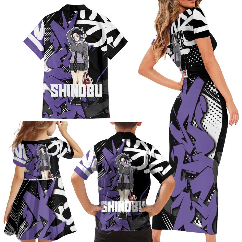 Kocho Shinobu Demon Slayer Family Matching Short Sleeve Bodycon Dress and Hawaiian Shirt Purple & Black Graffiti Anime