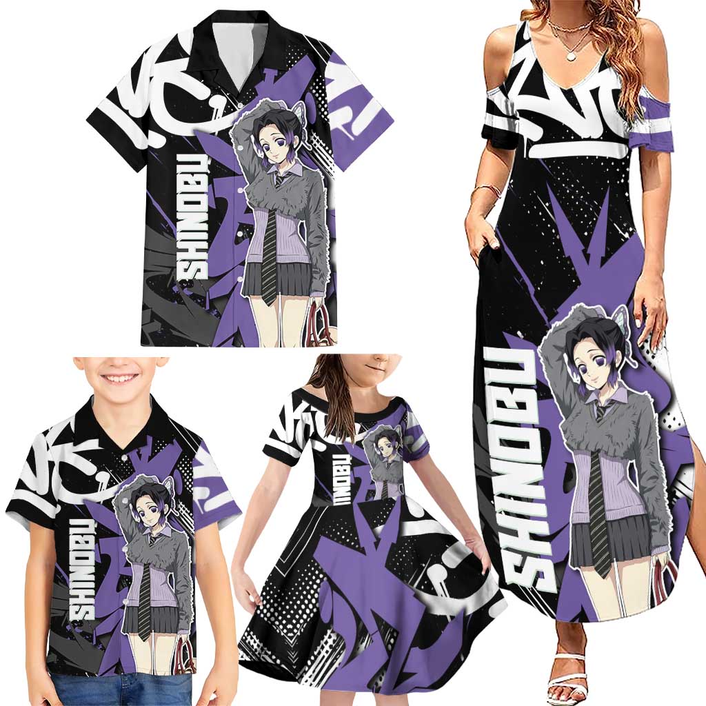 Kocho Shinobu Demon Slayer Family Matching Summer Maxi Dress and Hawaiian Shirt Purple & Black Graffiti Anime