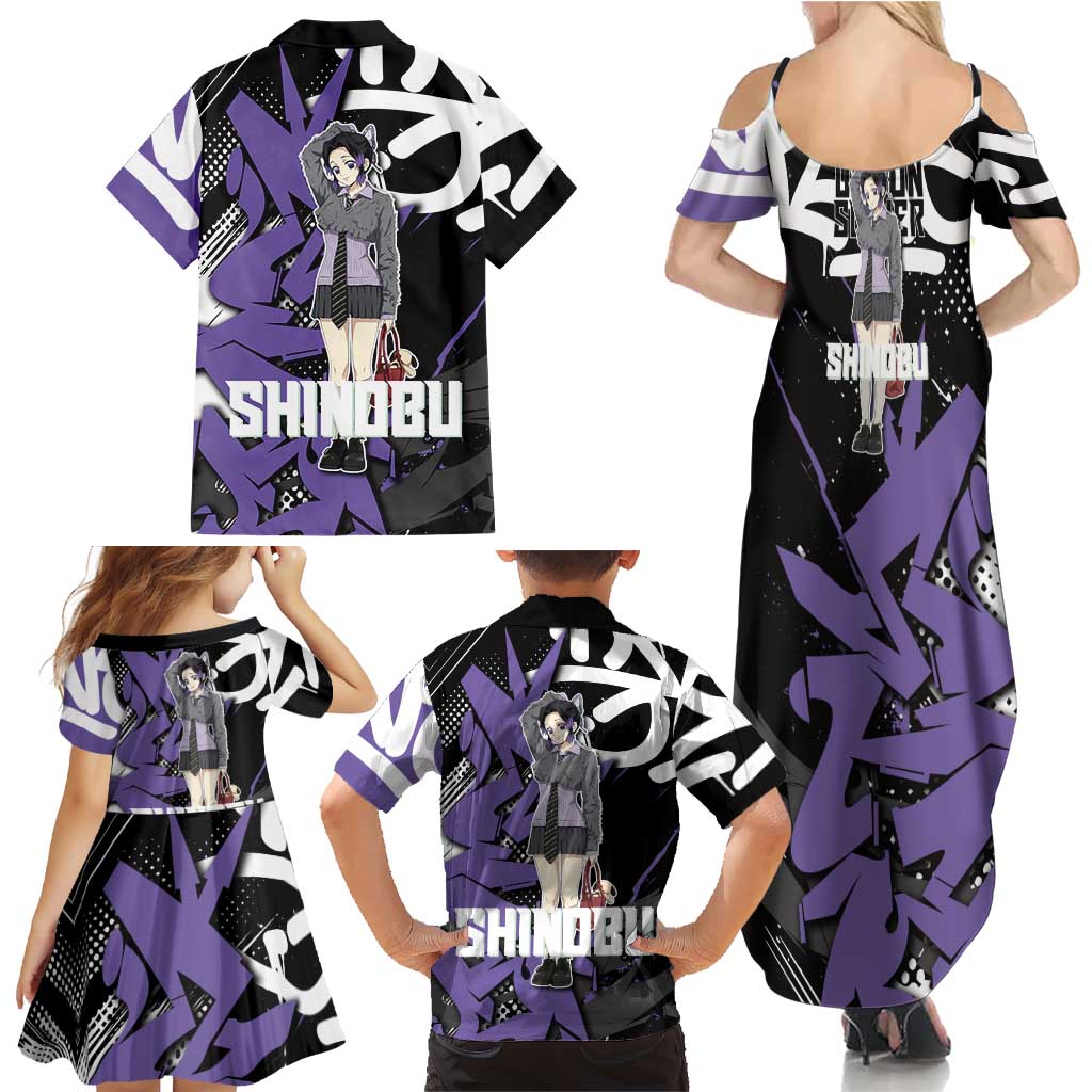 Kocho Shinobu Demon Slayer Family Matching Summer Maxi Dress and Hawaiian Shirt Purple & Black Graffiti Anime